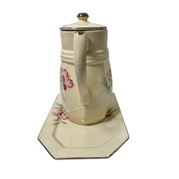 Vintage Ceramic‎ Teapot with Octagon Tray Pink Floral Hand Painted  Japan - Picture 2 of 13